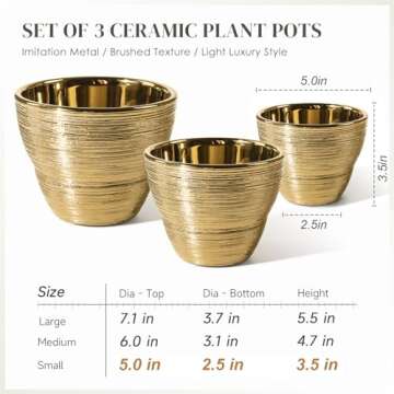 JOFAMY 3 Pack Gold Planters for Indoor Plants, 7.1/6/5 Inch Gold Plant Pot Brass Flower Pots with Drainage Hole, Silicone Plugs & Mesh Pads Ideal Gifts for Home Decor, Birthday, Wedding