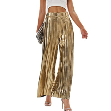 heipeiwa Women's Shiny Pleated Wide Leg Pants Party Nightout High Elastic Waist Trouser Outfit Clubw...