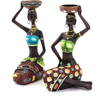 2 Pack African Women Sculpture,8.5in Black Tribal Lady Figure Figurine Candle Holder African American Women Statue Collectible Art Crafts Home Centerpieces Tabletop Ornaments Decoration Candleholder