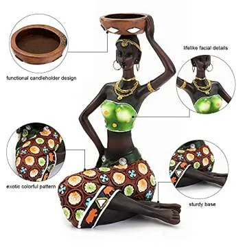 2 Pack African Women Sculpture,8.5in Black Tribal Lady Figure Figurine Candle Holder African American Women Statue Collectible Art Crafts Home Centerpieces Tabletop Ornaments Decoration Candleholder
