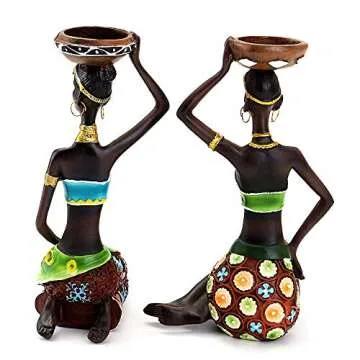2 Pack African Women Sculpture,8.5in Black Tribal Lady Figure Figurine Candle Holder African American Women Statue Collectible Art Crafts Home Centerpieces Tabletop Ornaments Decoration Candleholder