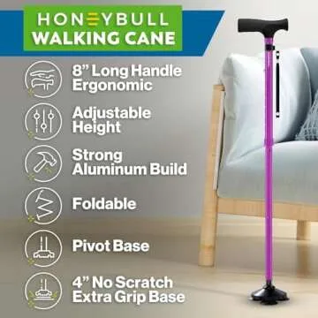 HONEYBULL Walking Cane for Men & Women - Foldable, Adjustable, Collapsible, Free Standing Cane, Pivot Tip, Heavy Duty | Walking Sticks, Folding Canes for Seniors & Adults [Purple]