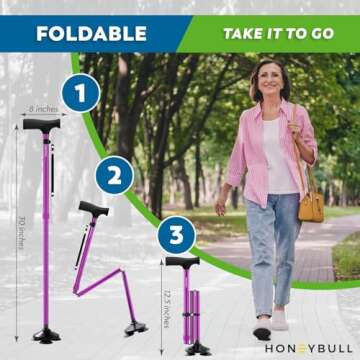 HONEYBULL Walking Cane for Men & Women - Foldable, Adjustable, Collapsible, Free Standing Cane, Pivot Tip, Heavy Duty | Walking Sticks, Folding Canes for Seniors & Adults [Purple]