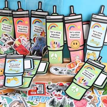 Stickers Valentines Cards for Kids Classroom - 48 Sets Valentine's Day Gifts for Class Exchange - Cu...