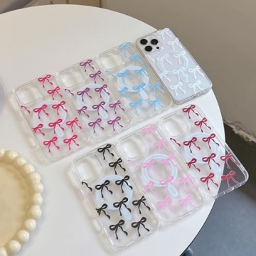 UEEBAI Magnetic for iPhone 13 Pro Max Case, Bow Case Compatible with MagSafe, Wireless Slim Clear Ribbon Aesthetic Phone Case Anti-Yellowing Shockproof Protective Cover for Women Girl - Pink