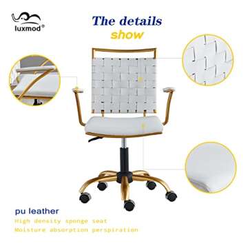 LUXMOD Vanity Chair Gold Office Chair Mid Back Ergonomic Swivel Computer Desk Chair with Arms, Ergonomic White Leather Chair for Lumbar Support & Extra Back,Home Office Chair for Desk