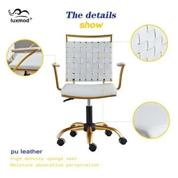 LUXMOD Vanity Chair Gold Office Chair Mid Back Ergonomic Swivel Computer Desk Chair with Arms, Ergonomic White Leather Chair for Lumbar Support & Extra Back,Home Office Chair for Desk