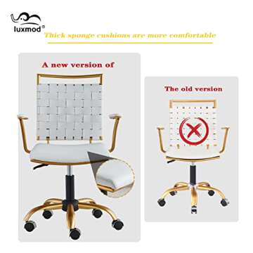 LUXMOD Vanity Chair Gold Office Chair Mid Back Ergonomic Swivel Computer Desk Chair with Arms, Ergonomic White Leather Chair for Lumbar Support & Extra Back,Home Office Chair for Desk