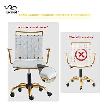 LUXMOD Vanity Chair Gold Office Chair Mid Back Ergonomic Swivel Computer Desk Chair with Arms, Ergonomic White Leather Chair for Lumbar Support & Extra Back,Home Office Chair for Desk