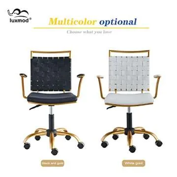LUXMOD Vanity Chair Gold Office Chair Mid Back Ergonomic Swivel Computer Desk Chair with Arms, Ergonomic White Leather Chair for Lumbar Support & Extra Back,Home Office Chair for Desk