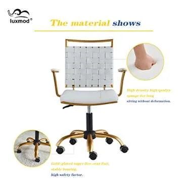 LUXMOD Vanity Chair Gold Office Chair Mid Back Ergonomic Swivel Computer Desk Chair with Arms, Ergonomic White Leather Chair for Lumbar Support & Extra Back,Home Office Chair for Desk