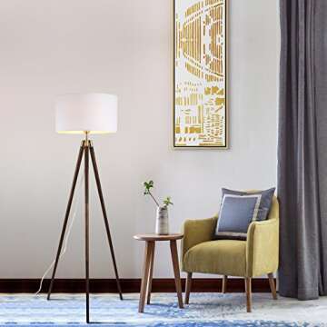 Light Society Celeste Tripod Floor Lamp, Walnut Wood Legs with Antique Brass Finish and White Fabric Shade, Mid Century Contemporary Modern Style (LS-F233-WAL)