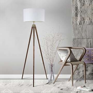 Light Society Celeste Tripod Floor Lamp, Walnut Wood Legs with Antique Brass Finish and White Fabric Shade, Mid Century Contemporary Modern Style (LS-F233-WAL)