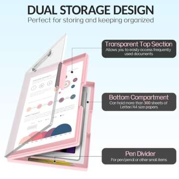 Sooez Clipboard with Storage, Cleaview Clip Boards 8.5x11 with 2 Storage, Dry Erase Plastic Nursing Clipboard, High Capacity Clipboard Folder for Teacher Nurse, School Office Supplies, Pink