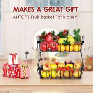 ANTOPY 2 Tier Fruit Basket with 2 Banana Hangers, Countertop Fruit Vegetable Basket Bowl for Kitchen...