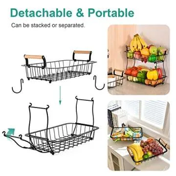 ANTOPY 2 Tier Fruit Basket with 2 Banana Hangers, Countertop Fruit Vegetable Basket Bowl for Kitchen Counter Metal Wire Storage Basket Fruits Stand Holder Organizer for Bread Snack Veggies Produce