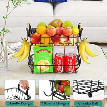 ANTOPY 2 Tier Fruit Basket with 2 Banana Hangers, Countertop Fruit Vegetable Basket Bowl for Kitchen Counter Metal Wire Storage Basket Fruits Stand Holder Organizer for Bread Snack Veggies Produce