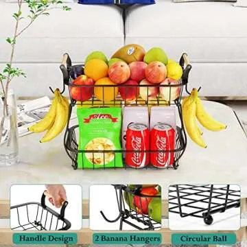ANTOPY 2 Tier Fruit Basket with 2 Banana Hangers, Countertop Fruit Vegetable Basket Bowl for Kitchen Counter Metal Wire Storage Basket Fruits Stand Holder Organizer for Bread Snack Veggies Produce