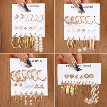 Gold Earrings Set for Women - 36 Pairs of Fashion Jewelry