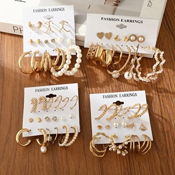 Gold Earrings Set for Women - 36 Pairs of Fashion Jewelry