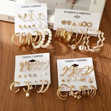 Gold Earrings Set for Women - 36 Pairs of Fashion Jewelry