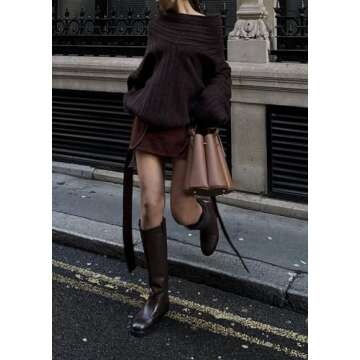 LETSVDO Women's Off The Shoulder Sweater Oversized Batwing Sleeve Knit Asymmetrical Chunky Slouchy Pullover Sweaters Brown