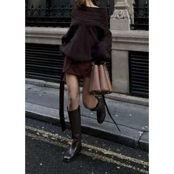 LETSVDO Women's Off The Shoulder Sweater Oversized Batwing Sleeve Knit Asymmetrical Chunky Slouchy Pullover Sweaters Brown