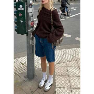 LETSVDO Women's Off The Shoulder Sweater Oversized Batwing Sleeve Knit Asymmetrical Chunky Slouchy Pullover Sweaters Brown