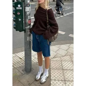 LETSVDO Women's Off The Shoulder Sweater Oversized Batwing Sleeve Knit Asymmetrical Chunky Slouchy Pullover Sweaters Brown