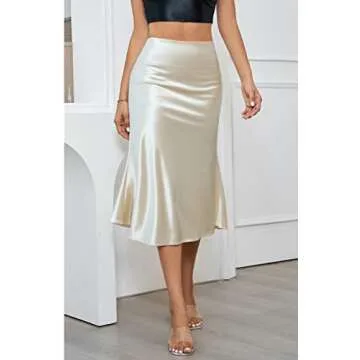 ALCEA ROSEA Womens Satin High Waisted Silk A-line Wedding Elegant Elastic Midi Skirt(Champagne, Small)
