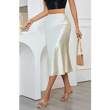 ALCEA ROSEA Womens Satin High Waisted Silk A-line Wedding Elegant Elastic Midi Skirt(Champagne, Small)