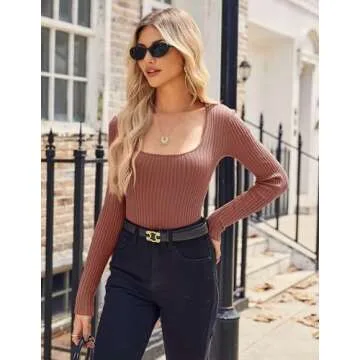 HOTOUCH Women Long Sleeve Square Neck Sweaters Ribbed Knit Solid Blouses Trendy Slim Fit Casual Shirts Tunic Rust
