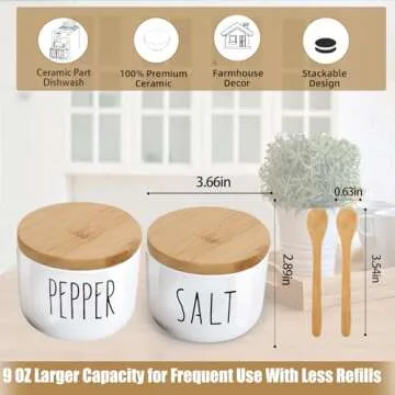VICUKIE Farmhouse Salt And Pepper Bowls,Stacked Ceramic Salt Cellar With Bamboo Lid, Salt Container With Lid And Spoon, Modern Farmhouse Kitchen Decor, Salt Box, Spice Box (WHITE AND WHITE)