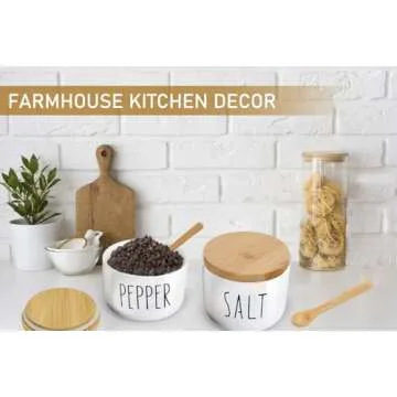 VICUKIE Farmhouse Salt And Pepper Bowls,Stacked Ceramic Salt Cellar With Bamboo Lid, Salt Container With Lid And Spoon, Modern Farmhouse Kitchen Decor, Salt Box, Spice Box (WHITE AND WHITE)