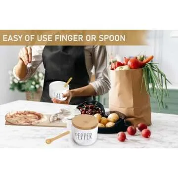 VICUKIE Farmhouse Salt And Pepper Bowls,Stacked Ceramic Salt Cellar With Bamboo Lid, Salt Container With Lid And Spoon, Modern Farmhouse Kitchen Decor, Salt Box, Spice Box (WHITE AND WHITE)