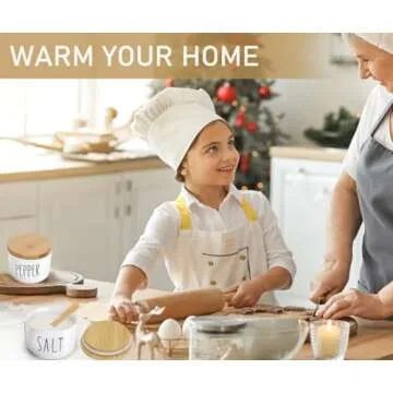 VICUKIE Farmhouse Salt And Pepper Bowls,Stacked Ceramic Salt Cellar With Bamboo Lid, Salt Container With Lid And Spoon, Modern Farmhouse Kitchen Decor, Salt Box, Spice Box (WHITE AND WHITE)