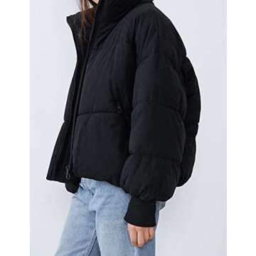 Flygo Puffer Jacket Womens Winter Long Sleeve Zipper Padded Warm Bubble Coats With Pockets(Black-M)