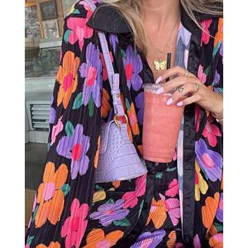 Yuemengxuan Women 2Pcs Casual Outfits Set Button Down Long Sleeve Shirt High Waist Pleated Pants Sets Streetwear Loungewear (Black Floral, Small)