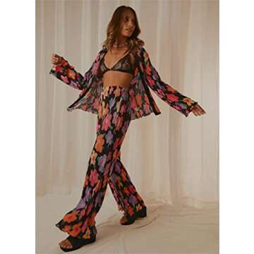 Yuemengxuan Women 2Pcs Casual Outfits Set Button Down Long Sleeve Shirt High Waist Pleated Pants Sets Streetwear Loungewear (Black Floral, Small)