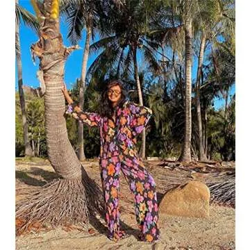 Yuemengxuan Women 2Pcs Casual Outfits Set Button Down Long Sleeve Shirt High Waist Pleated Pants Sets Streetwear Loungewear (Black Floral, Small)