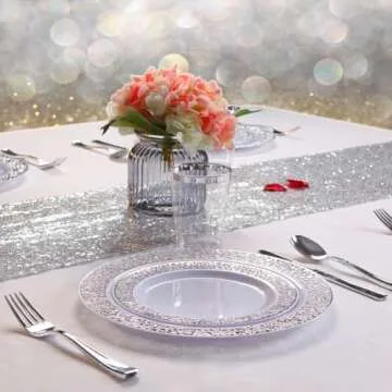 WDF 102PCS Silver Plastic Plates-Disposable Plates with Silver Rim- Lace Design Plates including 51Plastic Dinner Plates 10.25inch,51 Salad Plates 7.5inch