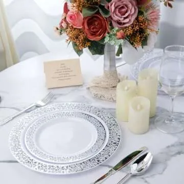 WDF 102PCS Silver Plastic Plates-Disposable Plates with Silver Rim- Lace Design Plates including 51Plastic Dinner Plates 10.25inch,51 Salad Plates 7.5inch