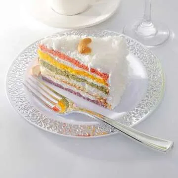 WDF 102PCS Silver Plastic Plates-Disposable Plates with Silver Rim- Lace Design Plates including 51Plastic Dinner Plates 10.25inch,51 Salad Plates 7.5inch