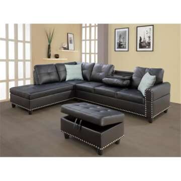 Devion Furniture Transitional PU Faux Leather Sectional Sofa with Lift-top Storage Ottoman, for Livi...