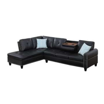 Devion Furniture Transitional PU Faux Leather Sectional Sofa with Lift-top Storage Ottoman, for Living Room in Black Finish