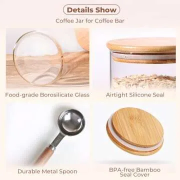 ComSaf Glass Coffee Container with Shelf, 2PCS Coffee Bean Storage Jars, 44 OZ Coffee Canister with Scoop, Glass Canister with Airtight Lid for Kitchen Coffee Station Organizer for Coffee, Sugar, Tea