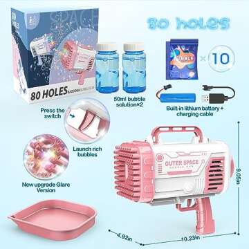 Bubble Machine Gun, Bubbles Makers Toys for Boys Girls Age 3 4 5 6 7 8 9 10 11 12, 80 Holes Bubbles Machine Outdoor Indoor Summer Toys Gifts,Wedding Party Favors,Birthday Gifts-Pink