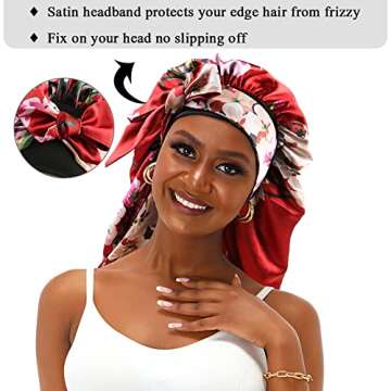 sent hair Extra Large Satin Bonnet Sleep Cap for Women, Double Layer Silky Hair Bonnet with Tie Band for Braids/Curly/Long Hair - Red Floral