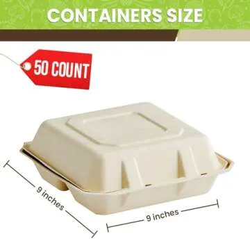 Perfectware 100% Compostable 3 Comp Take Out Food Containers 9 x9 Inch. 40 Count Heavy-Duty Quality ...
