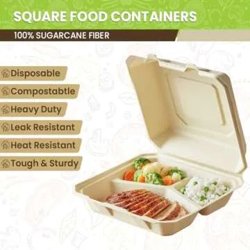 Perfectware 100% Compostable 3 Comp Take Out Food Containers 9 x9 Inch. 40 Count Heavy-Duty Quality to Go Containers, Natural Disposable Bagasse, Eco-Friendly Biodegradable Made of Sugar Cane